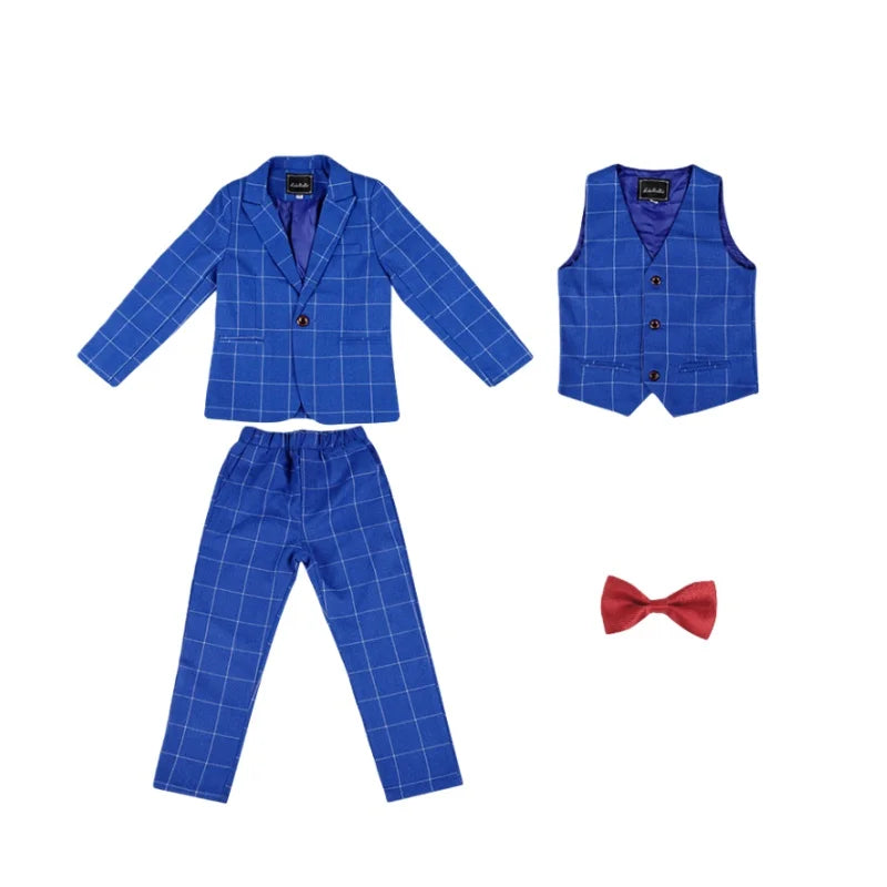 Boys 4Pieces Blue Plaid Suit Set With Jacket Vest Pants Bowtie Kids Formal Wedding Birthday Performance Photography Outfit