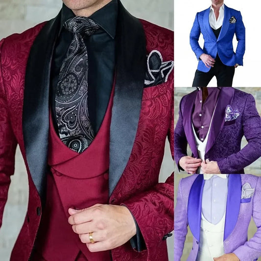 Men wedding Suits Pattern and Black Groom Tuxedos Shawl Satin Lapel Groomsmen Wedding Best Man ( Jacket+Pants+Vest)