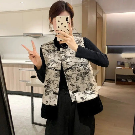 Women Light National Style Button Ink Tang Waistcoat Spring Autumn Female Sleeveless Small Coat Ladies New Chinese Style Vest