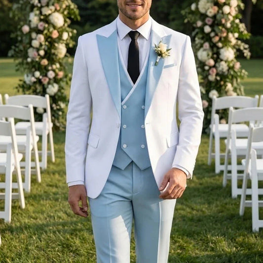 Men Suit Sky Blue White 3 Pieces With Lapel For Wedding Groom Party Prom Birthday Banquet Business Work Set Jacket Vest Pants