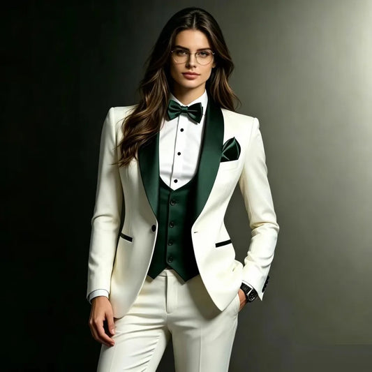 Dark Green And White Formal Business Women Suit Wedding Party Prom Ladies Mother Tuxedos Costume 3 Piece Set Blazer Vest Pant