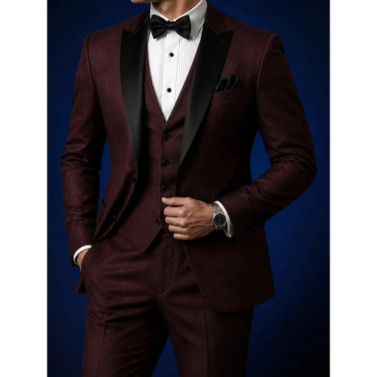 Men 3 Piece Suit Burgundy Satin Lapel Slim Fit Wedding Groom Tuxedo Jacket Vest Pants Formal Party Prom High Quality Customized