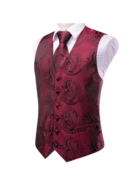 Men's Suit Vest Set Burgundy Shiny Paisley Jacquard Waistcoat with Necktie and Pocket Square for Wedding and Prom