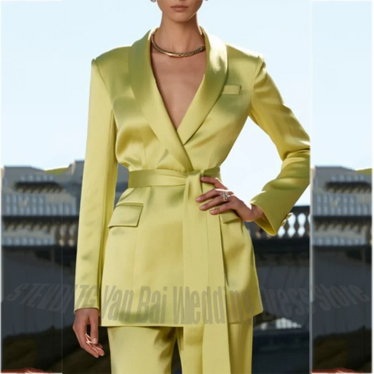 Satin Women Suit Shawl Lapel Belted Blazer Pants Custom Made Office Lady Gala Wedding Evening Formal Luxury Female Two Piece Set