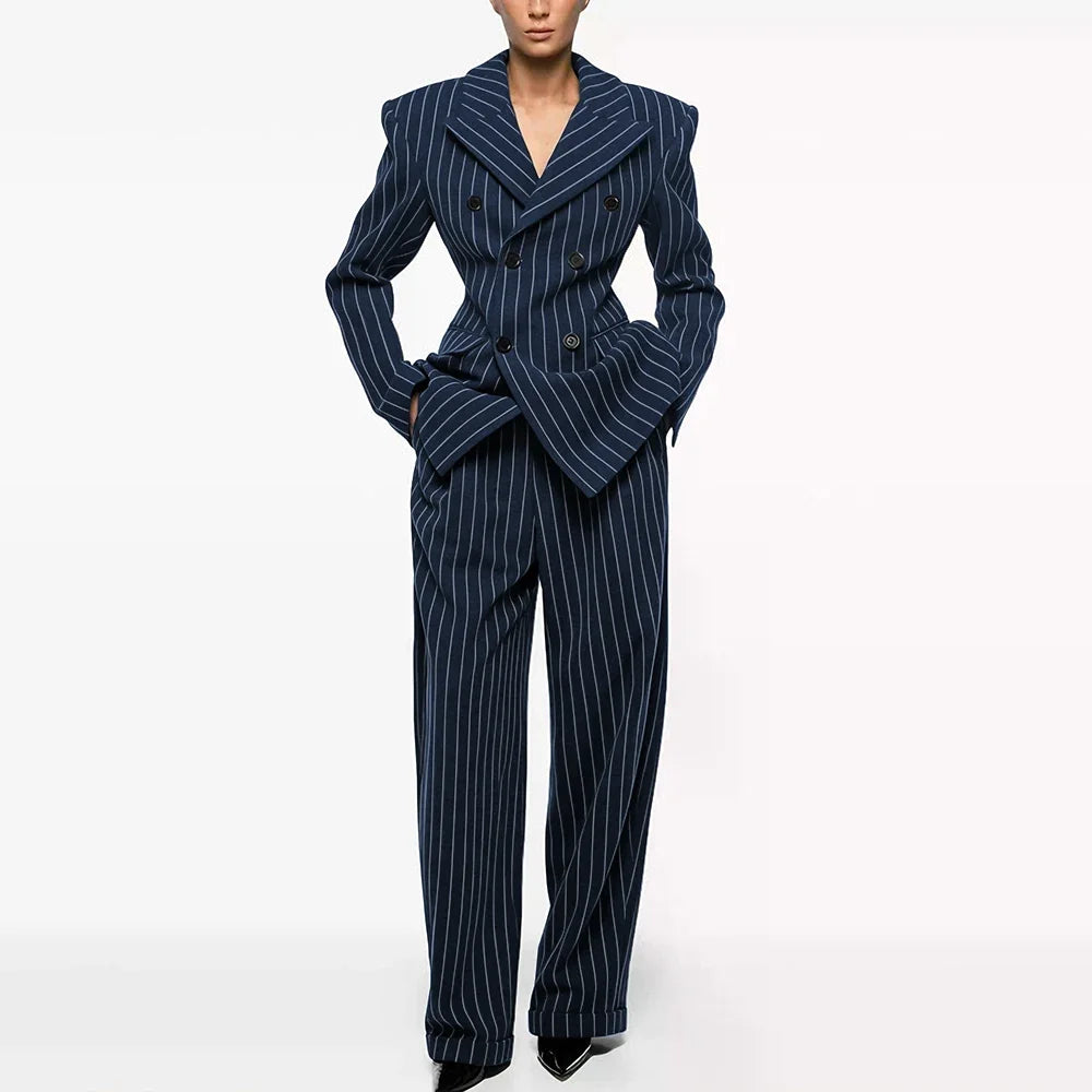 Luxury Women's Dark Gray Woolen Pinstripe Clothes Double-Breasted 2 Piece(Jacket+Pants) Suit Set Formal Evening Party Outerwears