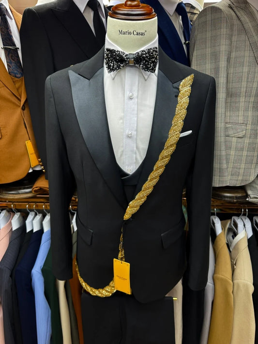 Dazzling Golden Beaded Suit Jacket Man 3 Pieces Wedding Groom Outfit Elegant Confident Peak Lapel Men's Suits Dancing Wear