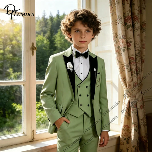 Boys 3-Piece Suit Set with Velvet Lapel — Kids Formal Blazer, Vest & Pants for Weddings & Special Occasions