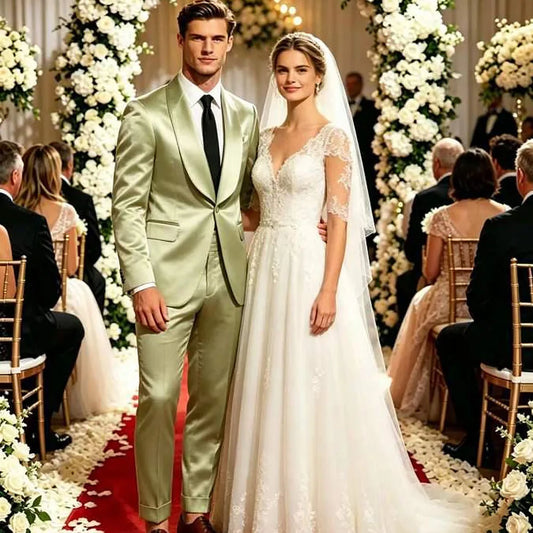 Men's Satin Suit 2-Piece Slim Fit Shawl Lapel Tuxedo for Wedding & Formal Events