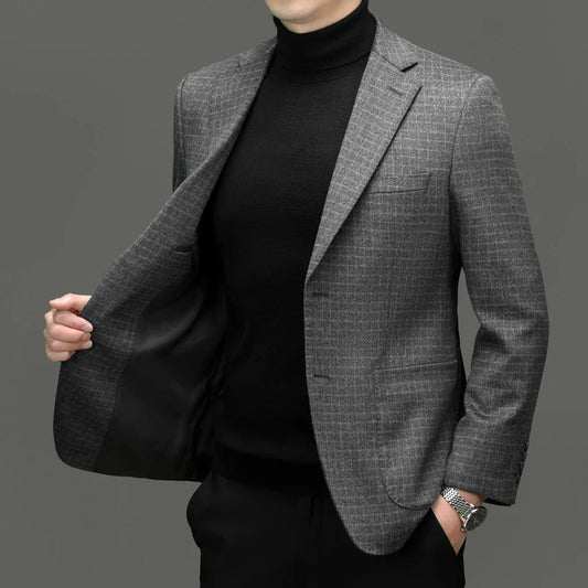 Men's Blazer Wool Cashmere Silk Plaid Smart Casual Winter Suit Jacket