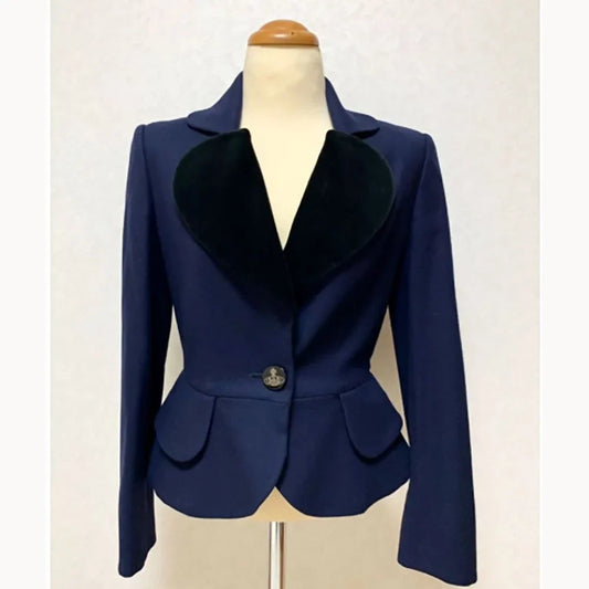 Blue Women's Suits Customied Modern Slim Sweet Heart Neck Single-grain Buckle Two Pieces (Jacket+Skirt) Daily Office Lady Set