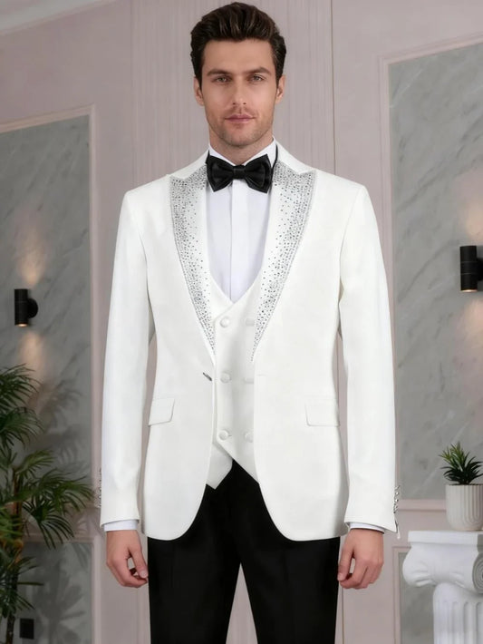 Elegant White Beaded Men's Suit Set 3 Pieces Wedding Groom Sets Handsome Peak Lapel Suits For Men Banquet Party Wear Plus Size