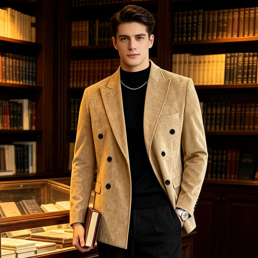 Men's Corduroy Suit Double Breasted Peak Lapel Slim Fit Groom Wedding