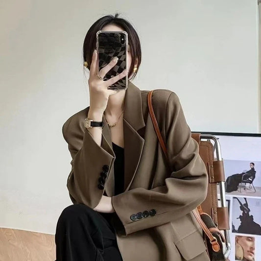 Elegant Women's Basic Solid Color Single Breasted Loose Casual Long Suit Jacket 2025 Spring Autumn Premium Trench Black Coat