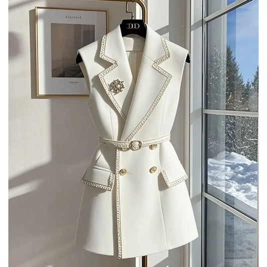 2 Piece White Jacket with Belt Summer Cotton Sleeveless Blazers Vest British Notched Double-breasted Office Lady Formal Elegant