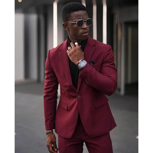 Suit for Men Burgundy Notched Lapel Set 2 Piece ( Coat+pants)Wedding Groomsmen Tuxedos Slim Fit Blazer Hombre 2023 Costume Homme
