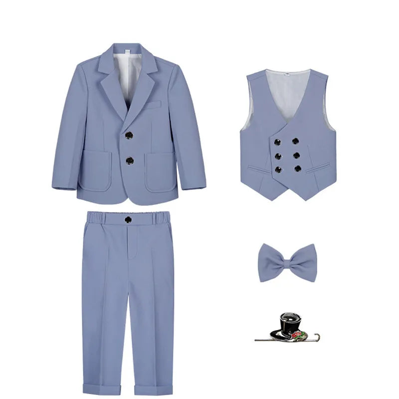 Kids Gray Jacket Vest Pants Bowtie Brooch 5Pieces Performance Costume Boys Formal Wedding Birthday Baptism Blazer Suit