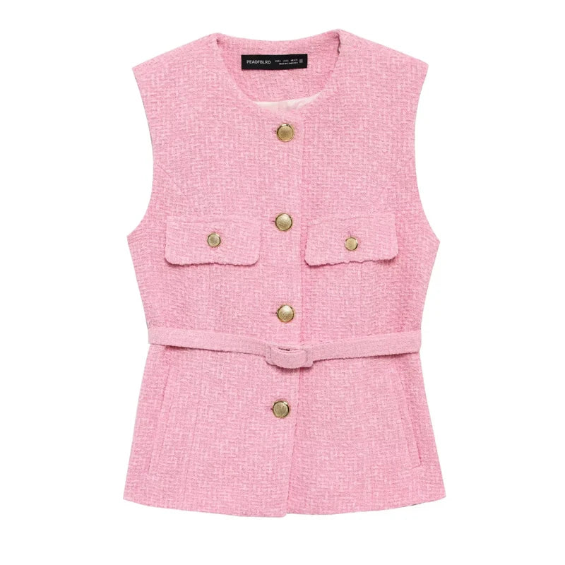 2025 Women's Vest Jackets Cropped Sleeveless Vest Woman Outerwears Belt Summer Casual Coats Black Pink Vest Button Jacket