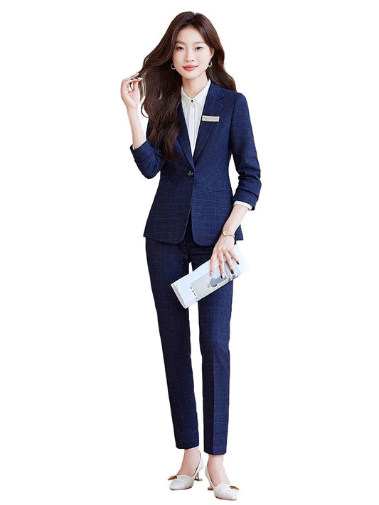 2024 Spring Autumn New Retro Plaid Elegant Blazer Coat And High Waist Pencil Pant Two Piece Set Women's Suit Business Clothing