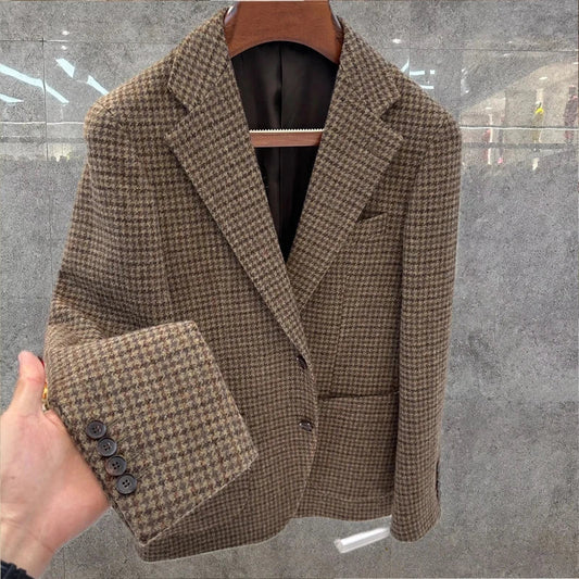 Vintage British Windsor Men's Tweed Blazer Slim Fit Houndstooth Plaid Wool Suit Thick for Autumn Winter