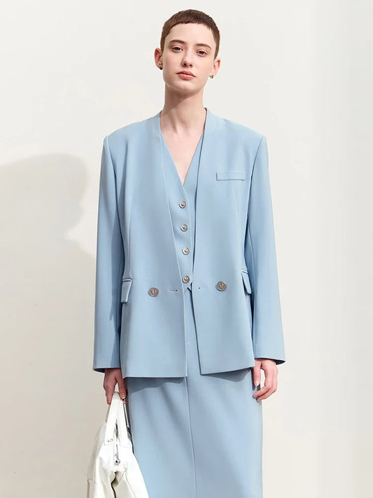 Minimalism Blazers For Women 2026 Autumn New Commuter V-neck Heart-shaped Buckle Shoulder-pad Professional Jackets 12453042