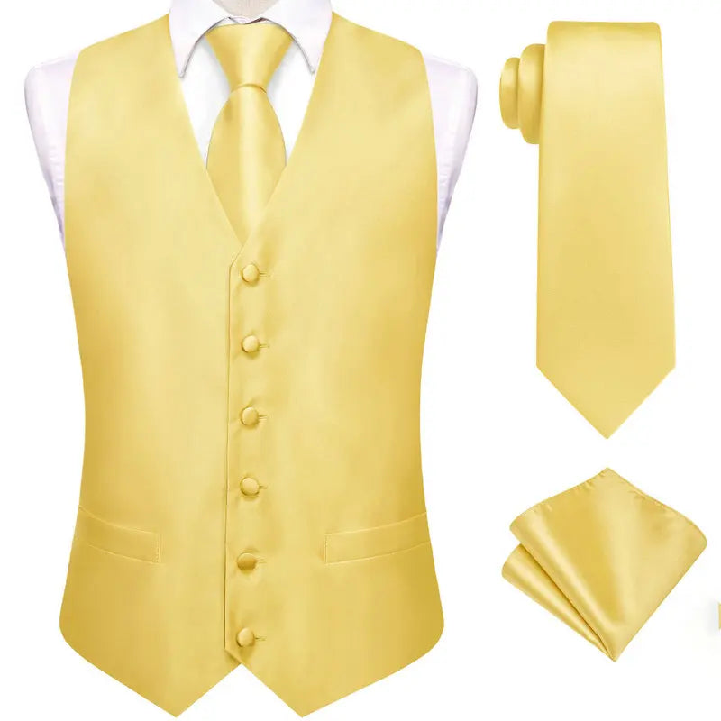 Men's Vest Double Breasted Satin V-Neck Waistcoat with Tie and Pocket Square 3-Piece Set for Weddings and Formal Events