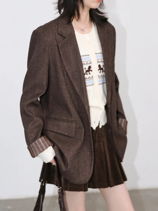 Fashion Women Blazers Single-breasted Loose Casual New Retro Office Ladies Folding Cuffs Suit Jacket Spring Autumn 2026