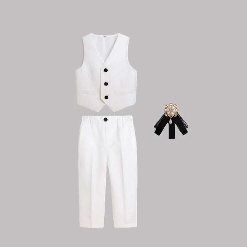 Boys Pure White Suit Set Kids Wedding Birthday Ceremony Party Performance Costume Childre's Piano Performance Costume