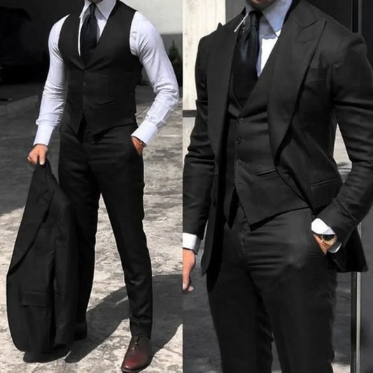 Men's Black Slim Fit 3-Piece Tuxedo Set with Peak Lapel Blazer Coat Pants Vest Casual Wedding Party Attire