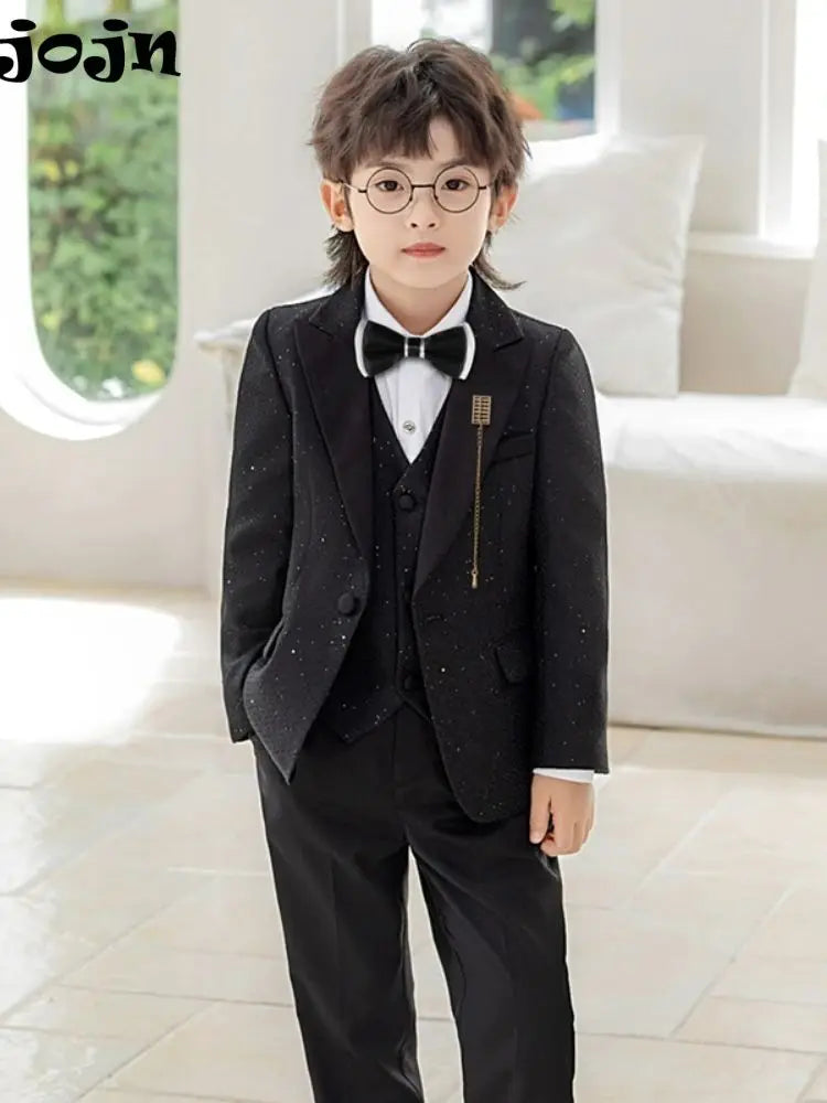 Glitter Exquisite Boys Suits 5 Pieces Stage Perfoemance Wear,Classic Smart Peak Lapel Suit Set Wedding Ring Bear Outfit In Stock