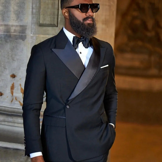 Men Suit Navy Blue 2 Pieces With Bright Black Lapel For Wedding Groom Birthday Banquet Party Business Work Office Jacket Pants