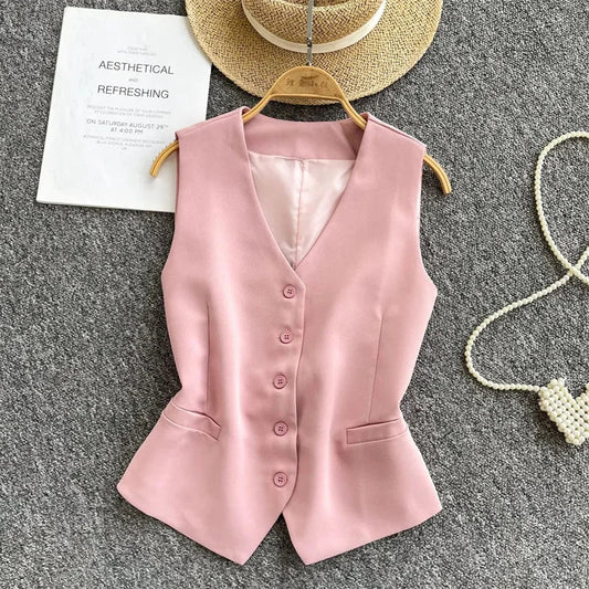 Summer Women V-neck Suit Sleeveless Jacket Femme Casual Short Waistcoat Top Korean Ladies Fashion Solid Color Cardigan Vest Coat