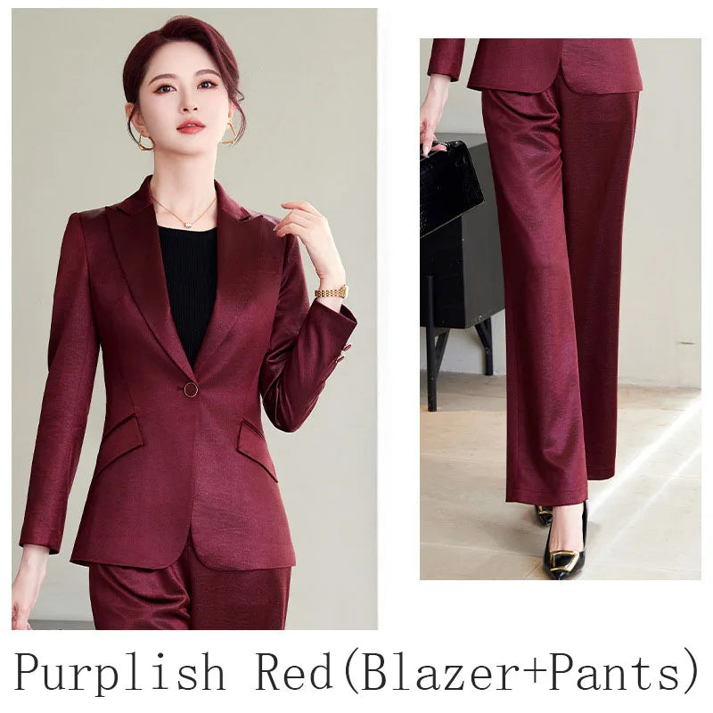 High Quality Women Purplish Red Pant Suit Female Solid Single Button Blazer and Trouser 2 Piece Set For Office Ladies Work Wear