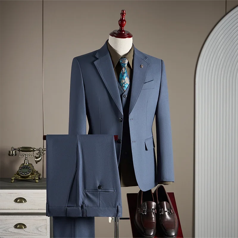 Men's Wool Blend Three-Piece Suit – Slim Fit British Style for Weddings & Formal Occasions