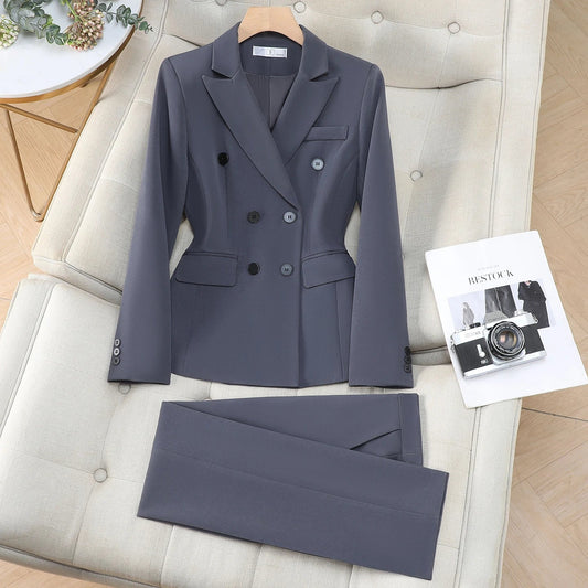 Autumn New Women's Double Breasted Blazer and Pants Sets 2 Piece Elegant Business Chic Formal Outfit Brown Trousers Suits