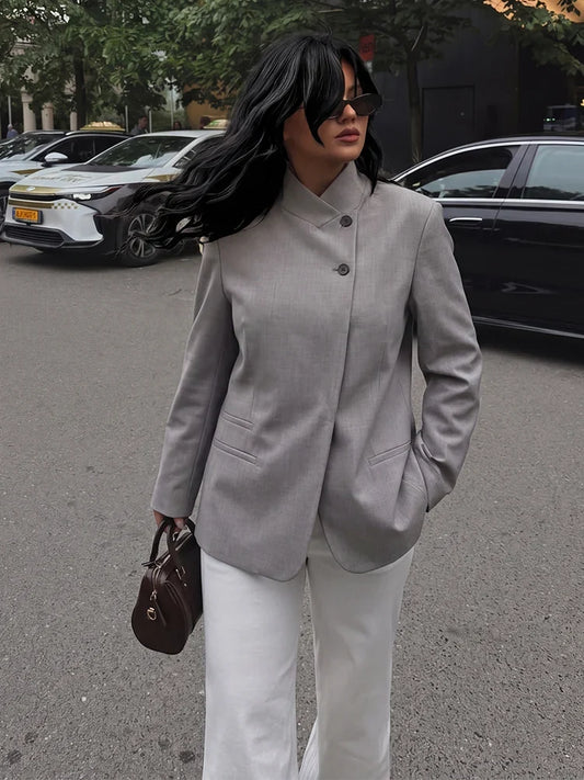 Elegant Women Solid Blazer Coat Spring Autumn Turtleneck Long Sleeve Single Breasted Straight Blazer Female Chic Suit Jacket