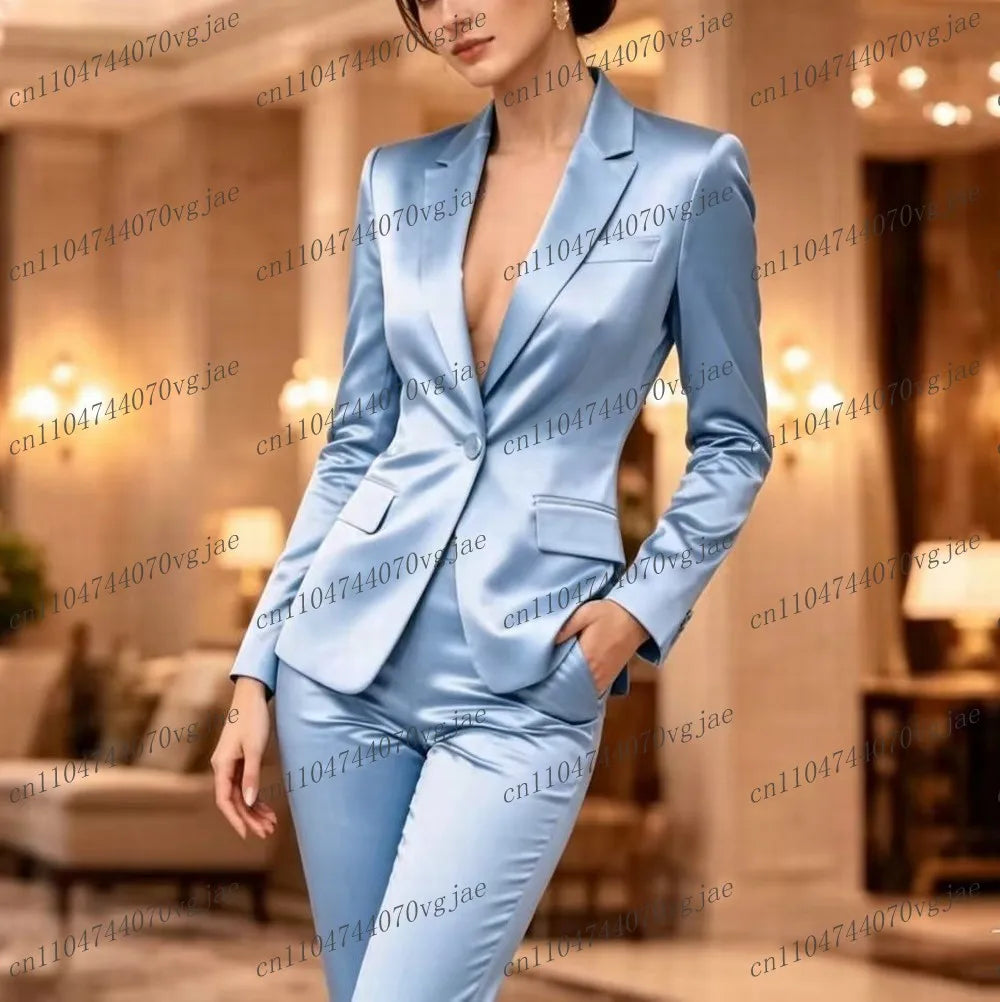 Fashion Sky Blue Acetate Satin Women Suit Formal Wedding Party Business Prom Ladies Girl Mother Costume 2 Piece Set Jacket Pants