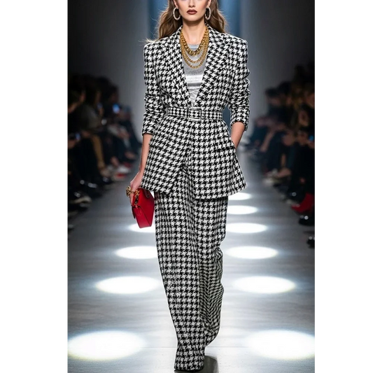 Classic Houndstooth 2 Pieces Women Suit Set Peaked Lapel Belted Blazer Pants Straight Fit Fashion Runway Party Prom Outfit