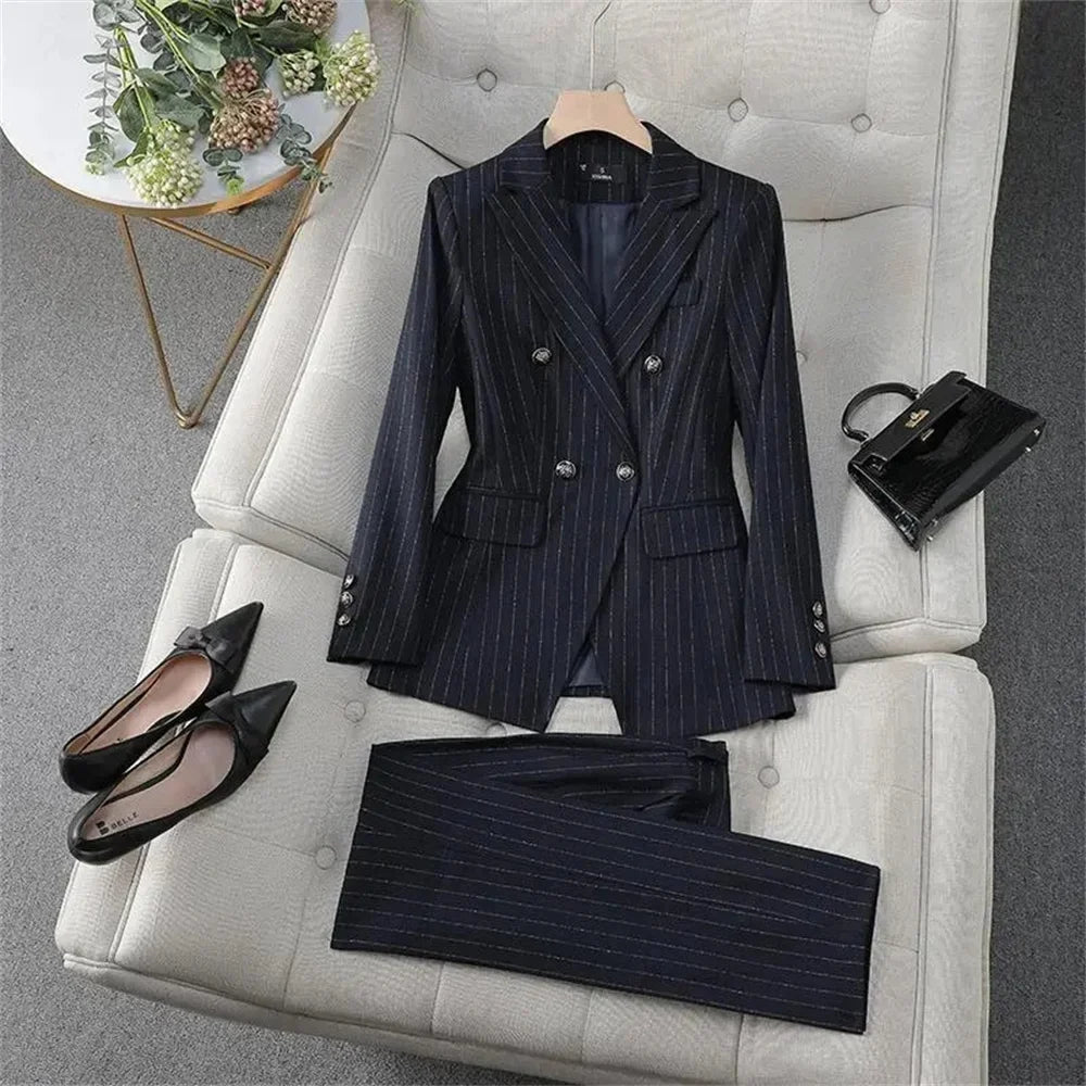 Fashion Autumn Winter Ladies Pant Suit Women Blue Striped Female Business Work Wear Jacket Blazer and Trouser Formal 2 Piece Set
