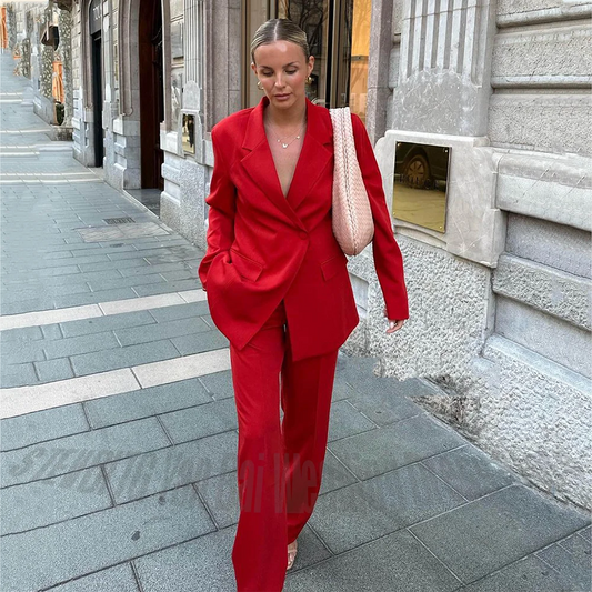 Vibrant Red Women Suit Loose Fit Chic Single Button Notch Lapel Solid Color Outfit Evening Dinner Party Elegant Lady Set 2 Piece