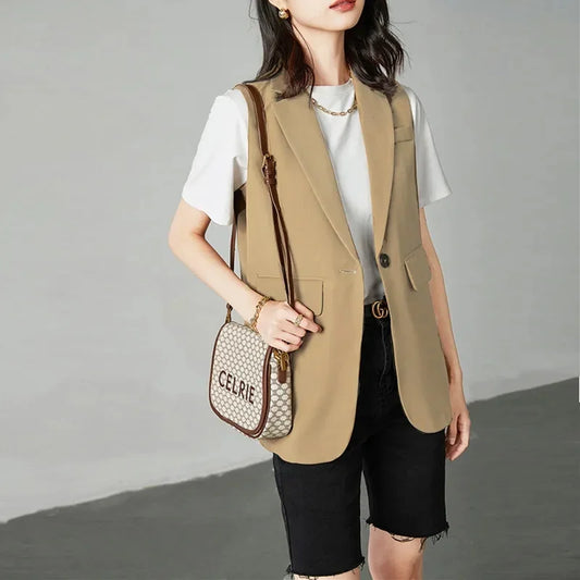 2025 New Women Sleeveless Jacket Coat Long Vest Blazer Formal Work Ladies Office Vintage Slim Suit Waistcoat Female Oversize