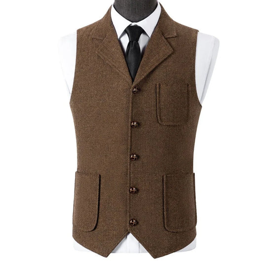 Men Vest Herringbone Lapel Single Breasted Waistcoat for Wedding and Business