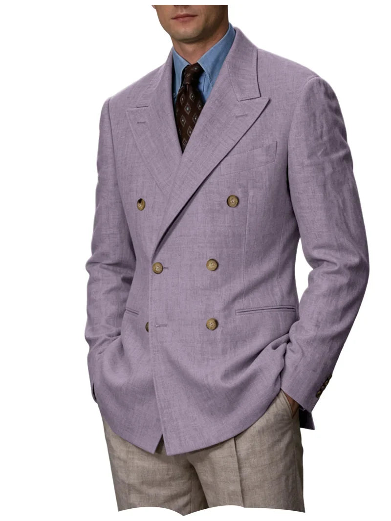 Men Linen Blazer Double Breasted Jacket Lightweight Soft Slim Coat For Business Wedding Casual Daily Party Vacation Dating