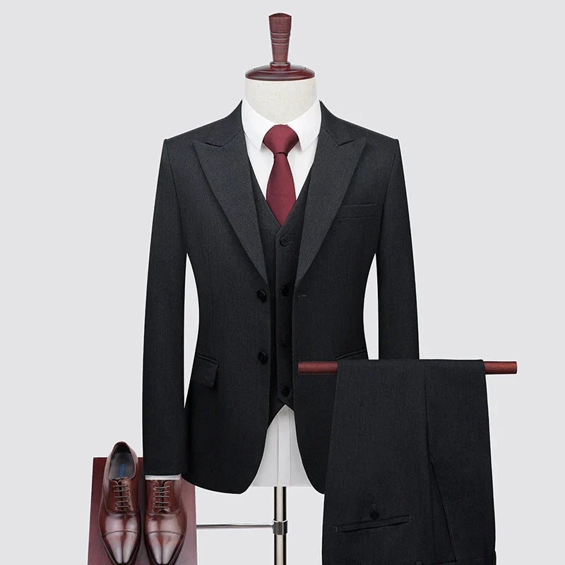 Men's High-End Wool Suit Three-Piece Set Business Casual Fashion Tencel Vest Trousers Bridegroom Wedding Dress