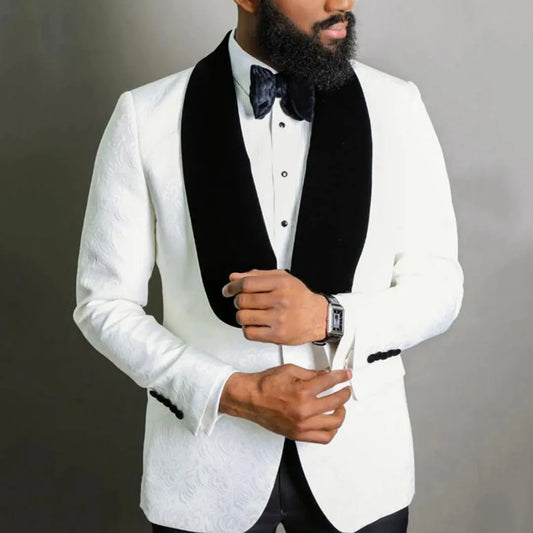 Men Suit 2 Pieces White Floral With Black Lapel Single Button For Wedding Birthday Banquet Business Party Work Jacket And Pants