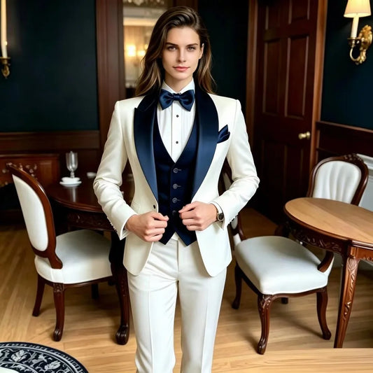 White And Navy Blue Formal Business Women Suit Wedding Party Prom Ladies Mother Tuxedos Costume 3 Piece Set Blazer Vest Pant