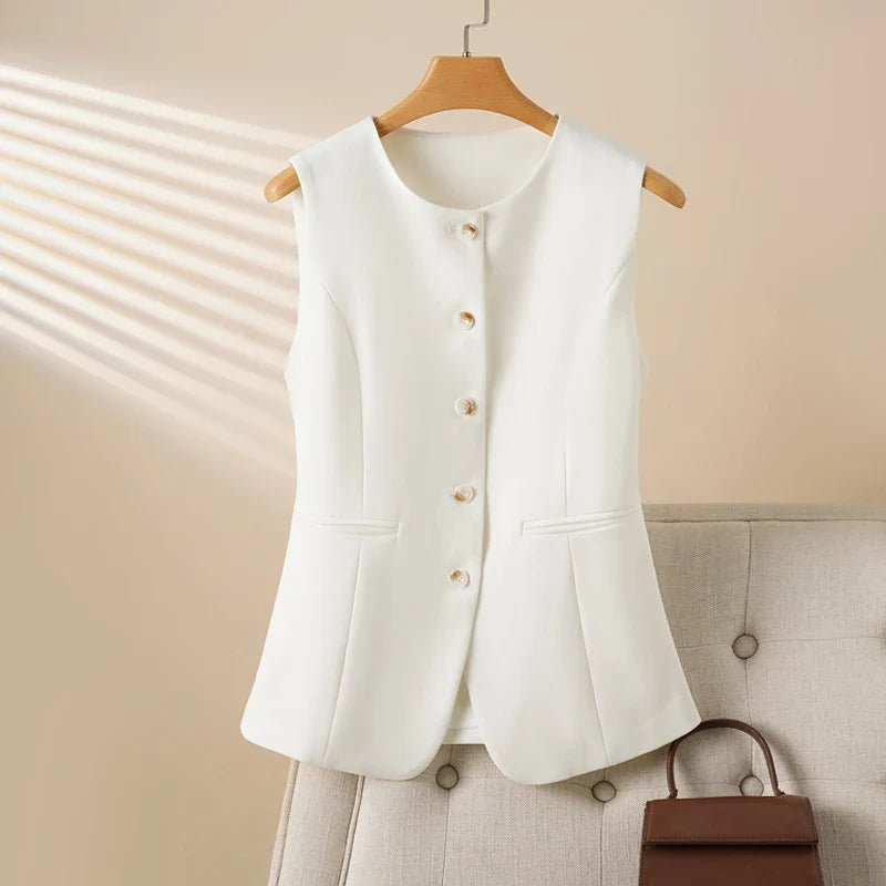 Black Round Neck Single-Breasted Fashion Vest for Women, Spring & Fall Fashionable Slim Sleeveless Suit Vest Top for Outer Wear