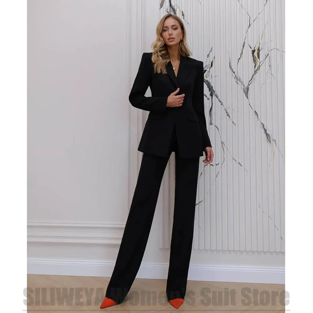 Women's Suit Single Button Blazer and Pants Set Long Sleeves Peak Lapel 2 Piece Slim Office Formal Party Elegant Lady Outfit