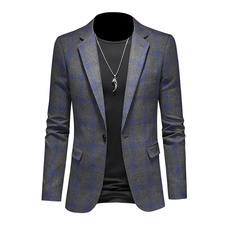 2025 Slim Fit Men's Casual Suit Handsome Fashion Plaid Blazer Polyester Business Wedding High-Quality Male Attire