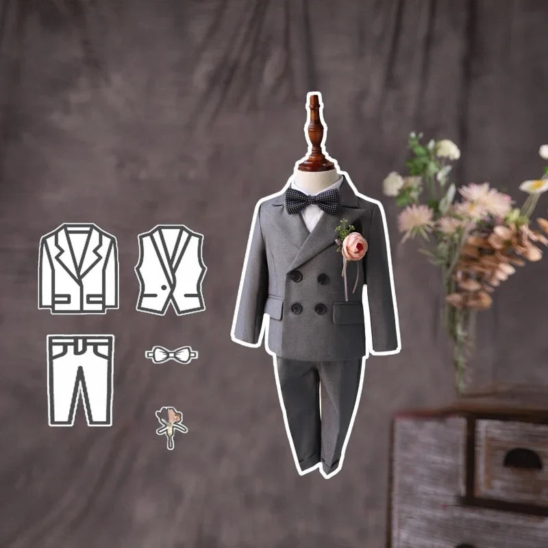 Flower Boys Gray Wedding Suit Set Kids Formal Birthday Photography Outfit Children's Piano Host Performance Costume