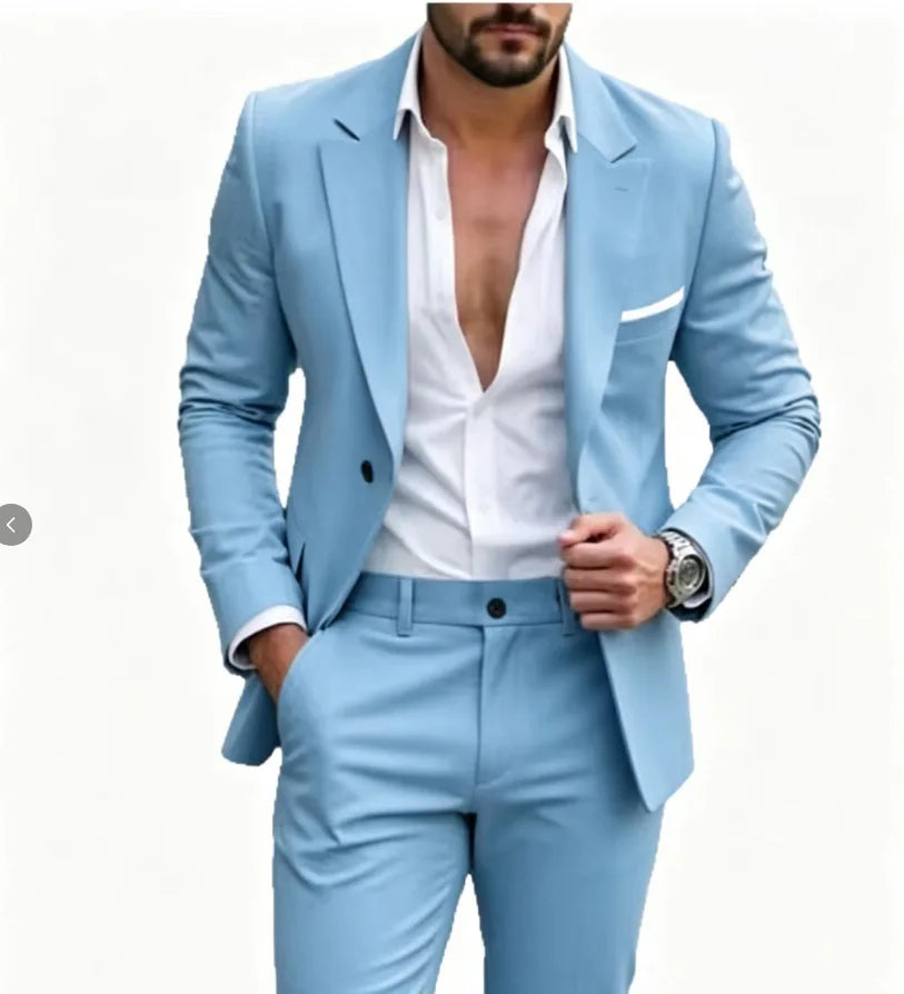 Ensemble décontracté 2 pièces pour homme, bleu marine, avec blazer à revers blanc et pantalon, costume de garçons d'honneur pour cérémonie
